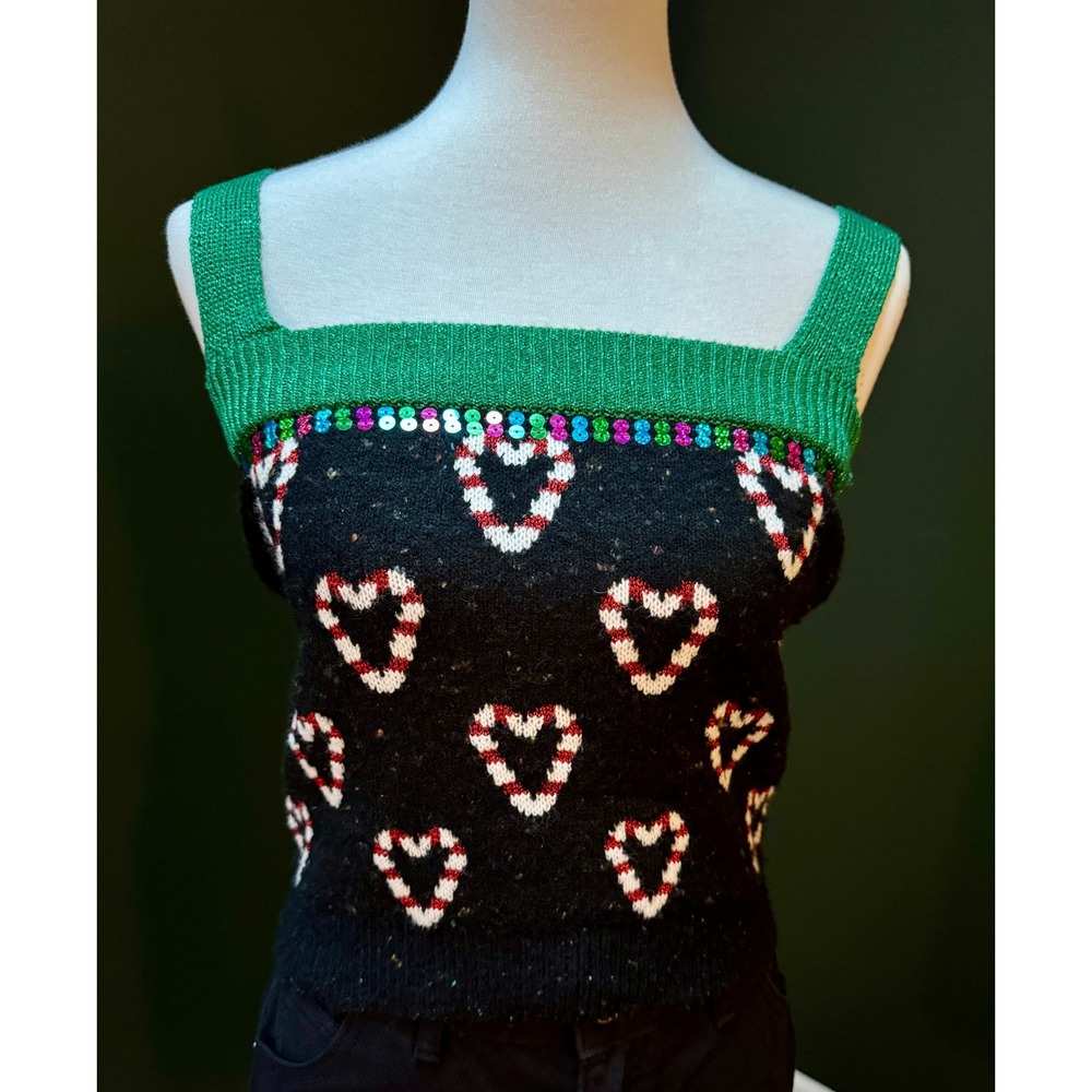 Celebrate Together Black Candy Cane‎ Heart Knit Cropped Tank Women's XS